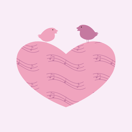 Heart with notes and birds sitting on it isolated on light pink backgroundのイラスト素材