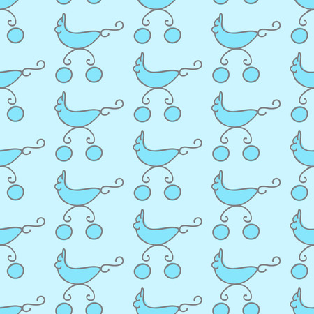 Seamless pattern with blue pram on light blue backgroundのイラスト素材