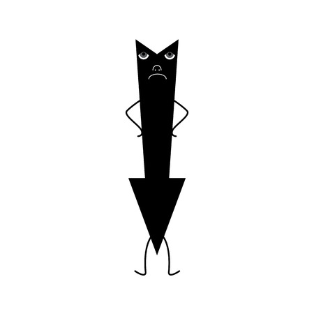Stylized black down arrow with grey eyes, nose and white mouth standing straight on legs with arms akimbo isolated on white backgroundのイラスト素材