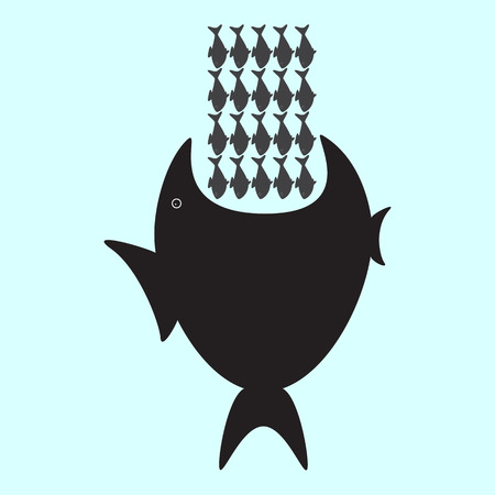 Big black fish swallowing plenty of smallest onesのイラスト素材