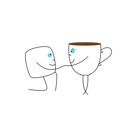 Knelt sugar cube holding the arm of white bone china cup with brown drink in it isolated on white backgroundのイラスト素材