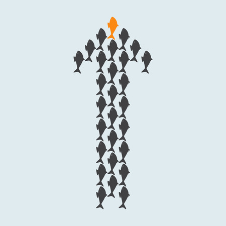 School of cute grey fish swimming in shape of straight up arrow behind its gold fish leader isolated on light grey backgroundのイラスト素材