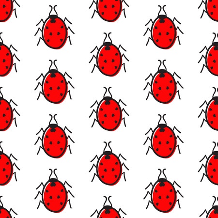 Seamless pattern with red ladybugs with black points in the shape of hearts isolated on white backgroundのイラスト素材