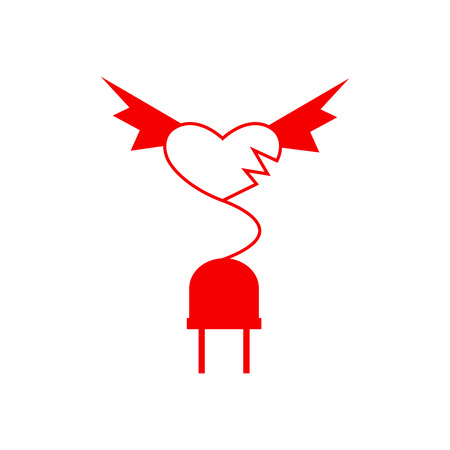 Red plug with long wire in shape of heart with red winds and lightning isolated on white backgroundのイラスト素材