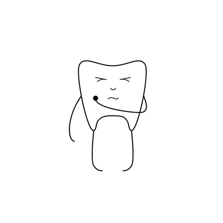 Cute white tooth holding caries hole with one hand, screwing up eyes and curved mouth isolated on white backgroundのイラスト素材