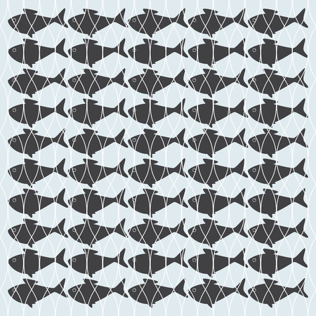 School of grey colored fish caught in fishnetのイラスト素材