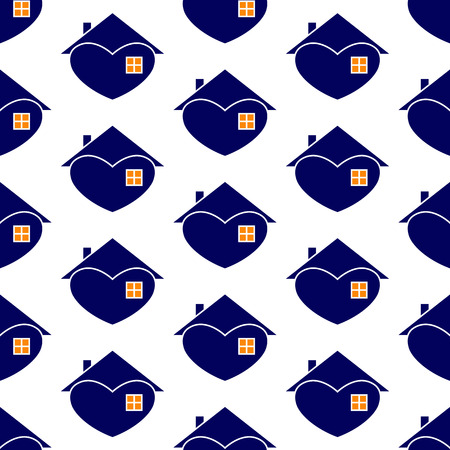 Seamless background with repeating navy house with white contour in the shape of heart with roof and chimney on it, big window and orange light in it isolated on white backgroundのイラスト素材