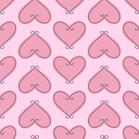 Seamless background with pink hearts decorated with grey vignettes isolated on light pinkのイラスト素材