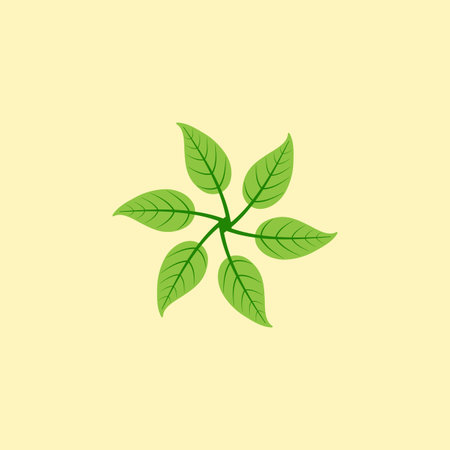 Stylized illustration of six leaves in the shape of windmill isolated on yellow background. Eco concept. Logo template, design elementのイラスト素材