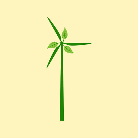 Stylized illustration of windmill with leaves isolated on yellow background. Eco concept. Logo template, design elementのイラスト素材