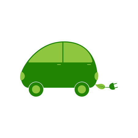 Green colored electric vehicle with leaf and plug isolated on white background. Eco friendly transportation concept. icon template, design elementのイラスト素材