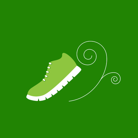 Green colored sneaker with white ribbed sole and decorative element in the shape of white spiral near it isolated on bright green backgroundのイラスト素材