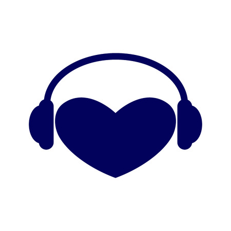 Navy colored heart with headphones on it isolated on white background. Music fan concept. icon template, design elementのイラスト素材
