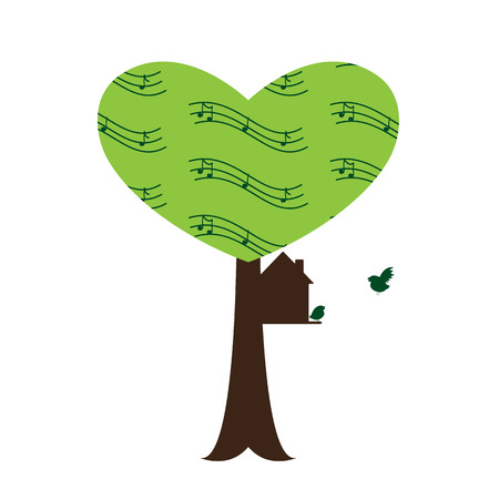 Tree with stylized branches in the shape of heart with notes, bird house on it with bird family, one bird sitting on the threshold and another flying to house isolated on white backgroundのイラスト素材