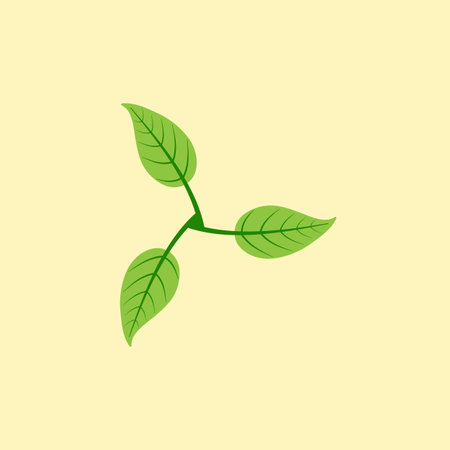 Stylized illustration of three leaves in the shape of windmill isolated on yellow background. Eco concept. Logo template, design elementのイラスト素材
