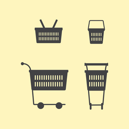 Two sides of empty grey colored plastic shopping basket and two sides of empty grey colored plastic shopping cart isolated on yellow background. Vector setのイラスト素材