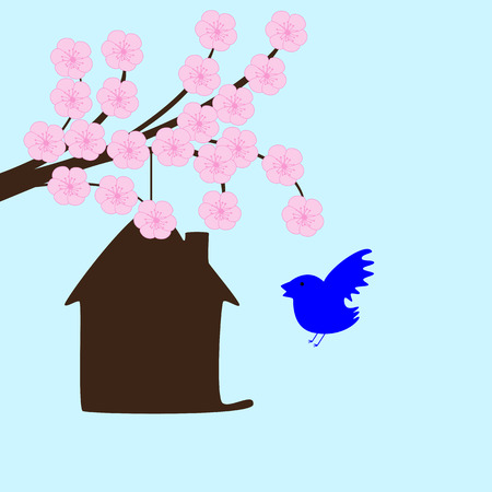 Blossoming sakura branches and bird house hangingのイラスト素材