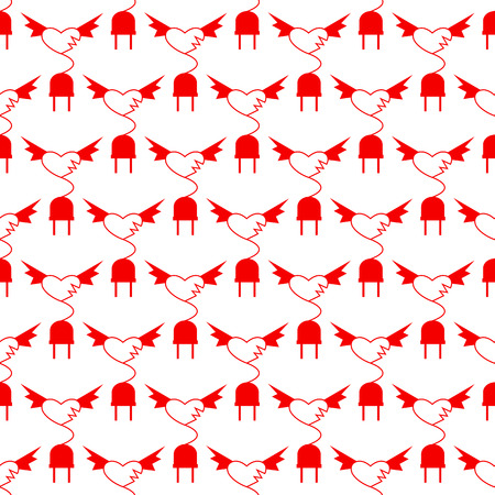Seamless pattern of repeating red plug with long wire in shape of heart with red winds and lightning isolated on white background. Concept of cardiac disease, broken heart, big love and strong passionのイラスト素材