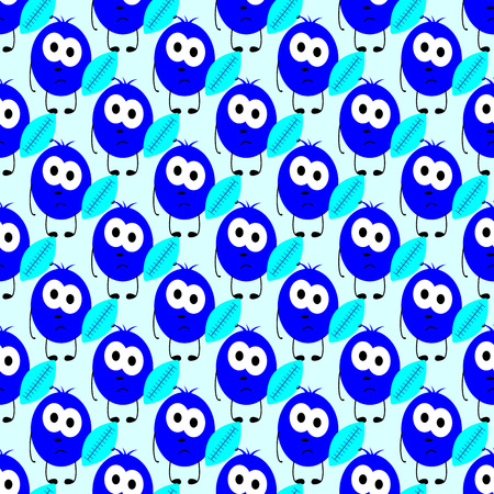 Seamless pattern with repeating little sad navy colored monster with big oval eyes, black nose and mouth holds blue rugby ball in his handのイラスト素材