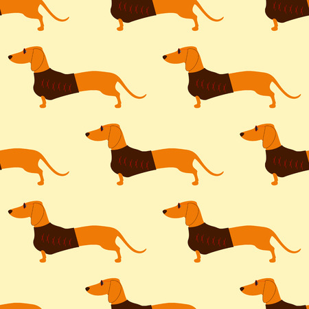 Seamless pattern with repeating foxy colored dachshund in glasses with dark lenses and red frame and brown waistcoat decorated with red pattern isolated on flaxen backgroundのイラスト素材