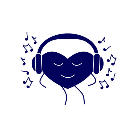 Navy colored dancing heart with closed eyes and headphones on it and many notes around it isolated on white background. Music fan concept.のイラスト素材