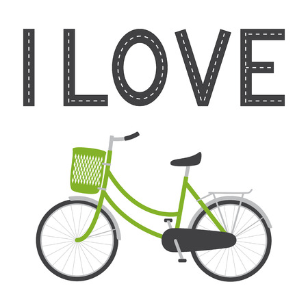 Bike with green colored female frame, green pannier on handlebar, rear rack, big dark grey saddle, big wheels with mudguards and bike lane in the shape of I love lettering above it isolated on white backgroundのイラスト素材