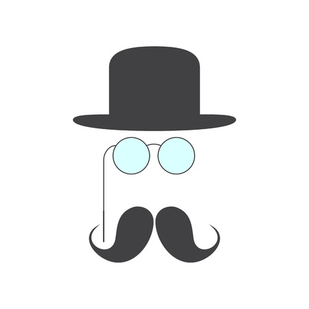Grey mustache, pince-nez and grey colored bowler hat over it isolated on white background. Small set of retro style design elementsのイラスト素材