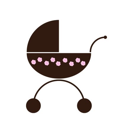 Brown colored prams decorated with pink flowers isolated on white background.のイラスト素材