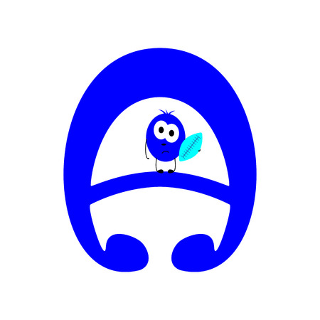 Navy colored capital letter A isolated on white background with little embarrassed alien standing on crossbar and holding blue rugby ball in his hand. Concept of socialization in new company, loneliness in new societyのイラスト素材