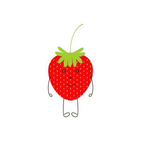 Cute smiling strawberry character isolated on white background.   template, design element, vegetarian menu decoration. Flat style illustrationのイラスト素材