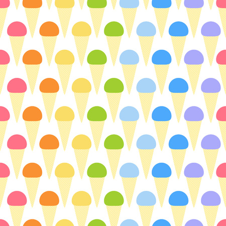 Seamless pattern with rainbow colored ice cream cones isolated on white background. Flat style illustrationのイラスト素材