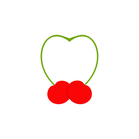 Two cherries with its springs close in the shape of heart. template, design element, vegetarian menu decoration. Flat style illustrationのイラスト素材