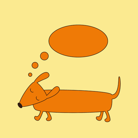 Cute brown contoured foxy colored dachshund with closed eyes, brown nose and curled tail and dream bubble over it isolated on ginger background. template, design elementのイラスト素材