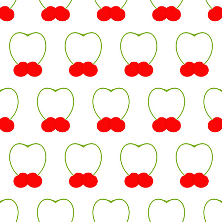 Seamless pattern with two cherries with its springs close in the shape of heart arranged in staggered rows isolated on white background. Flat style illustrationのイラスト素材