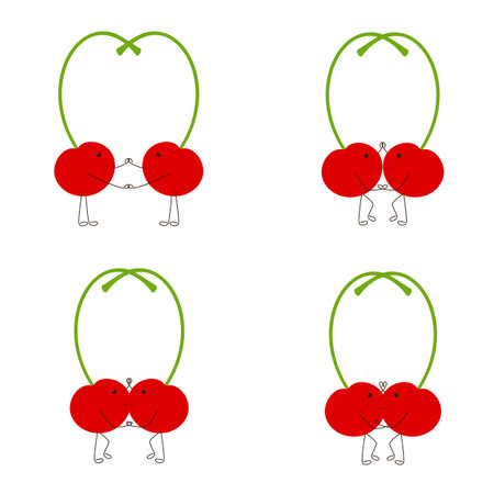 Set with dancing cherry characters. Two cherries with its springs close in the shape of heart. Logo template, design element, vegetarian menu decoration. Flat style illustrationのイラスト素材