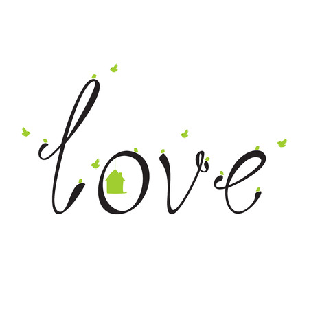 Black colored lettering love with green birds and nesting box のイラスト素材