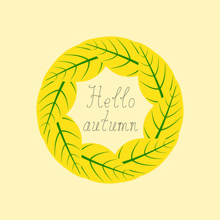 Yellow leaves with green veins situated in the shape of a circle and brown calligraphicのイラスト素材