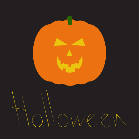 Orange pumpkin with yellow eyes, nose and mouth full of teeth and stylized orange colored word Halloween isolated on white background. Design element. Flat style vector illustrationのイラスト素材