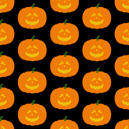 Seamless pattern with frightful orange colored Halloween pumpkin with evil face isolated on dark black background. For holiday decoration, wrapping paper, wallpaper, gift boxes, other packing elementsのイラスト素材