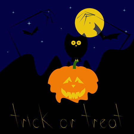 Greeting card with dark blue starry sky, big yellow moon, black owl sitting on pumpkin with creepy face placed in lava, zombie hands and spider hanging on it, flying bats and stylized yellow colored lettering trick or treatのイラスト素材