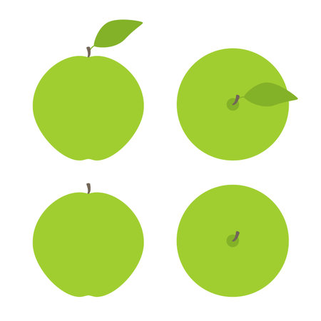 Set of green apples with brown springs and green leaves isolated on white background. Side view and top view.   template, design element, vegetarian menu decoration. Flat style illustrationのイラスト素材