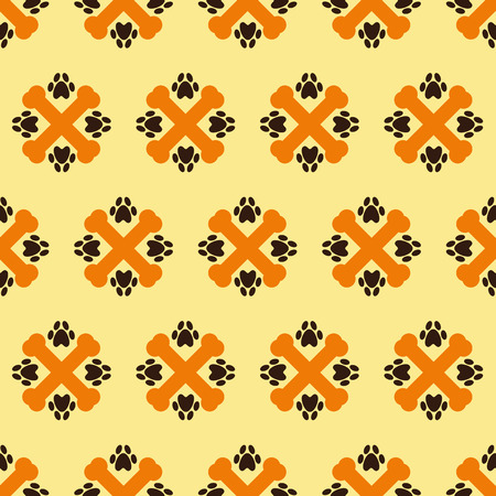 Seamless pattern with repeating crossed bones and paw prints isolated on ginger backgroundのイラスト素材