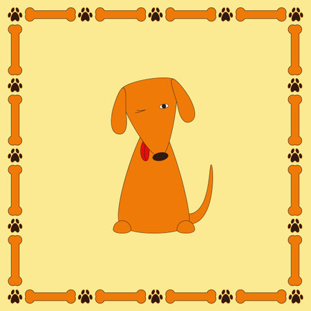 Front view of cute brown contoured foxy colored sitting dog with one eye open and one closed, protruding tongue, brown nose and curled tail in frame with bones and paw prints isolated on ginger background. Logo template, design elementのイラスト素材