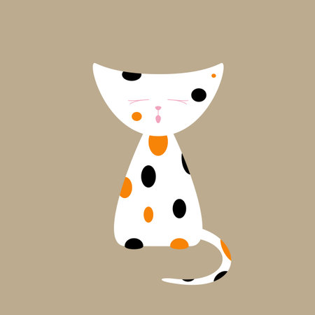 Cute tri-colored meowing kitten isolated on beige background. Logo template, design element. Flat style illustrationのイラスト素材