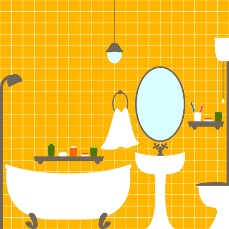 Flat style illustration of bathroom and water closet interior with ceramic tile wall, bathtub, big oval mirror, washstand, shelves with tubes, toothbrushes, towel, lamp on ceilingのイラスト素材