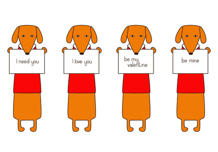 Set of four cute orange colored brown contoured dachshunds in read sweaters with white collars holding plates with different lettering in their paws isolated on white background. Flat style illustrationのイラスト素材