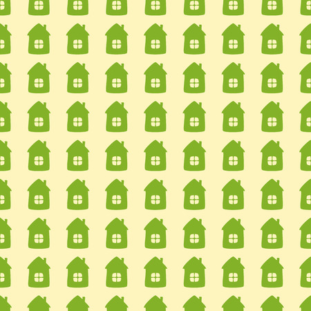 Seamless background with green cartoon style houses isolated on flaxen background. Textile, wrapping paper, wallpaper, boxes decoration, other packing elements templateのイラスト素材