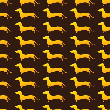 Seamless background with repeating golden silhouette of standing dachshund isolated on brown backgroundのイラスト素材