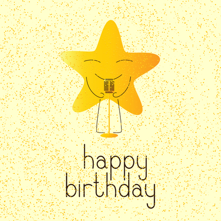 Happy birthday greeting card with golden colored cartoon star character with retro microphone and lettering Happy birthday in English on yellow background and golden dotesのイラスト素材