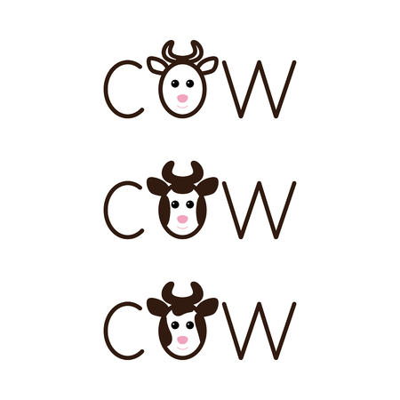 Set of cow lettering with lettering o in the shape of cow`s head with horns isolated on white background.のイラスト素材